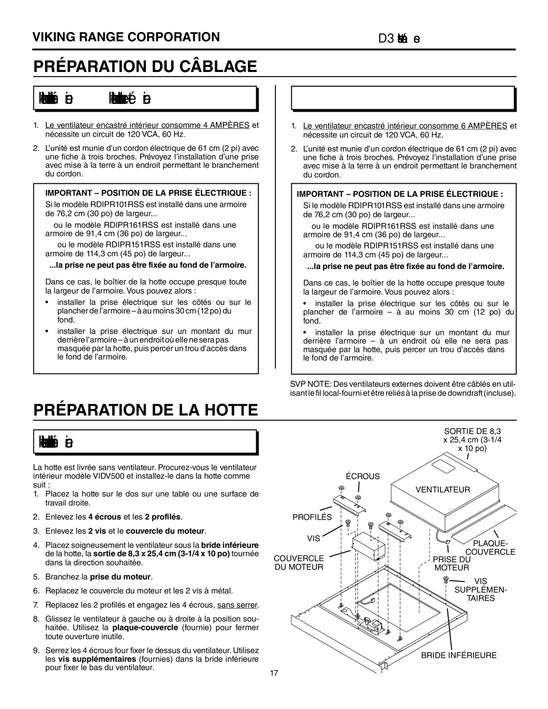 Viking DIPR161R, DIPR101R, DIPR151R warranty Préparation DU cÂBLage, Préparation De La Hotte 