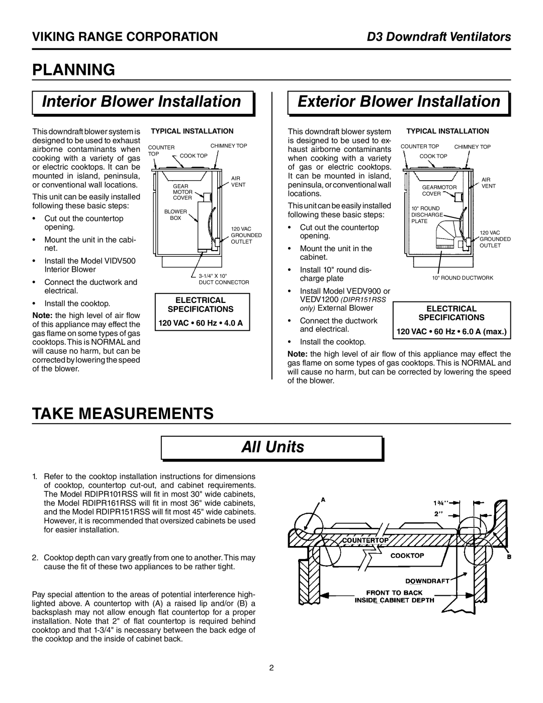 Viking DIPR161R warranty PLanning, Interior Blower Installation Exterior Blower Installation, Take MeaSUreMentS, All Units 