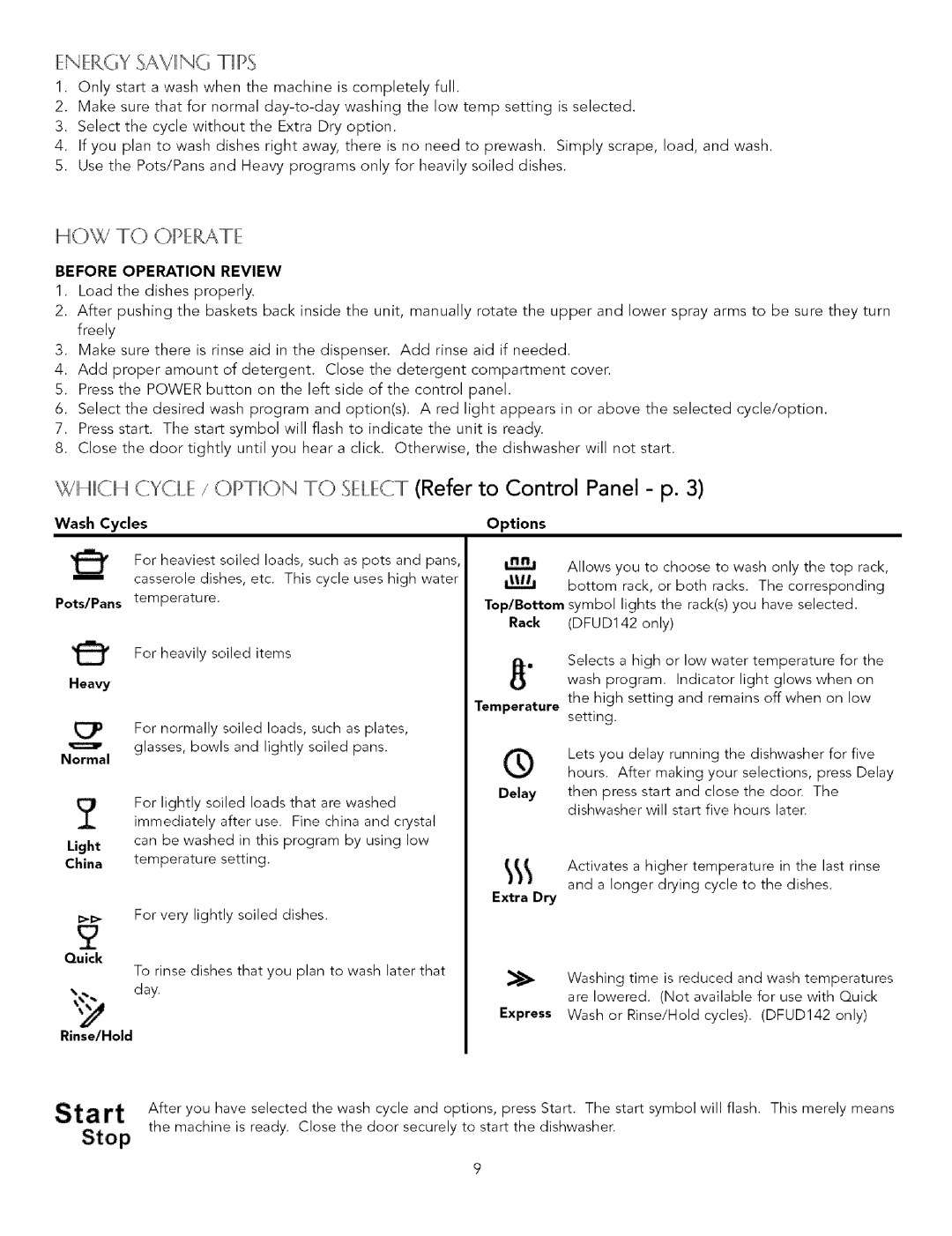 Viking Dishwasher manual Ienieroysaviing Tiiips, Ihiowto Oipieratie, Ihiiich CYCILIE/ Oiptiion to SIEILIECTRefer 