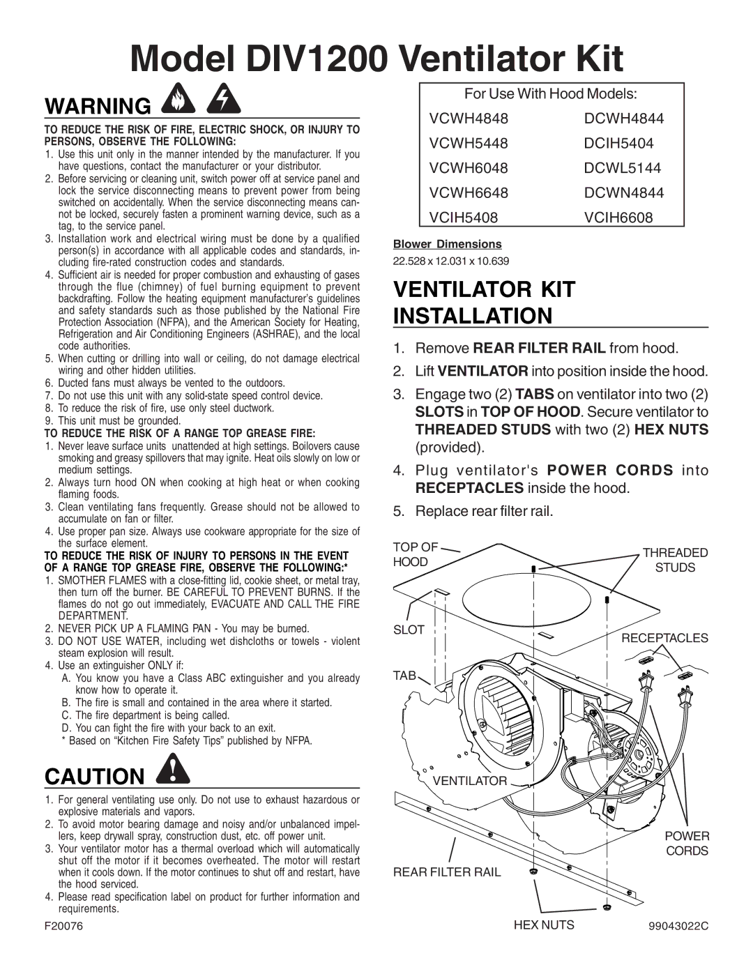 Viking DIV1200 dimensions Replace rear filter rail, HEX Nuts 