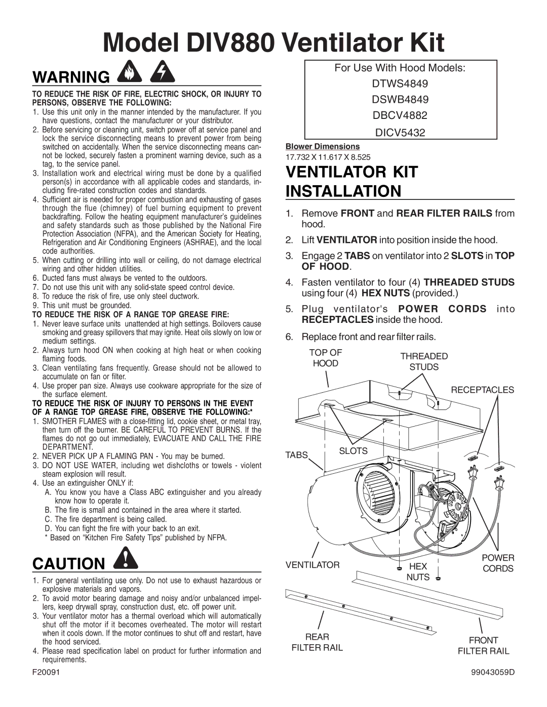 Viking dimensions Model DIV880 Ventilator Kit, Ventilator KIT Installation 