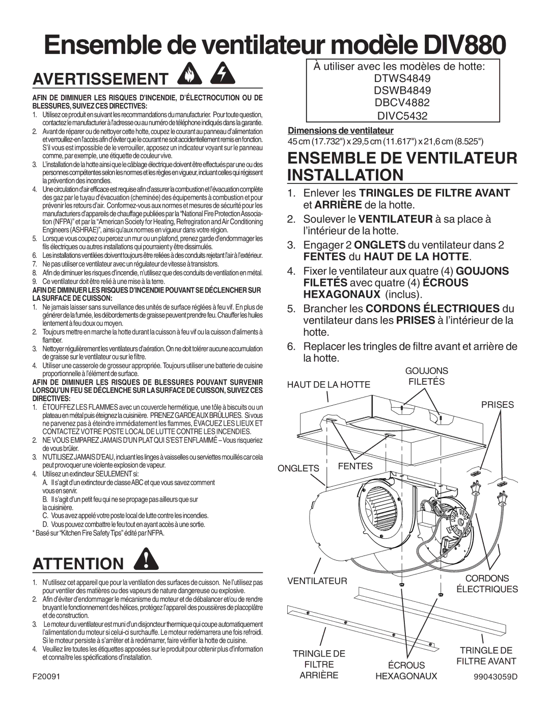 Viking dimensions Ensemble de ventilateur modèle DIV880, Avertissement, Ensemble DE Ventilateur Installation 