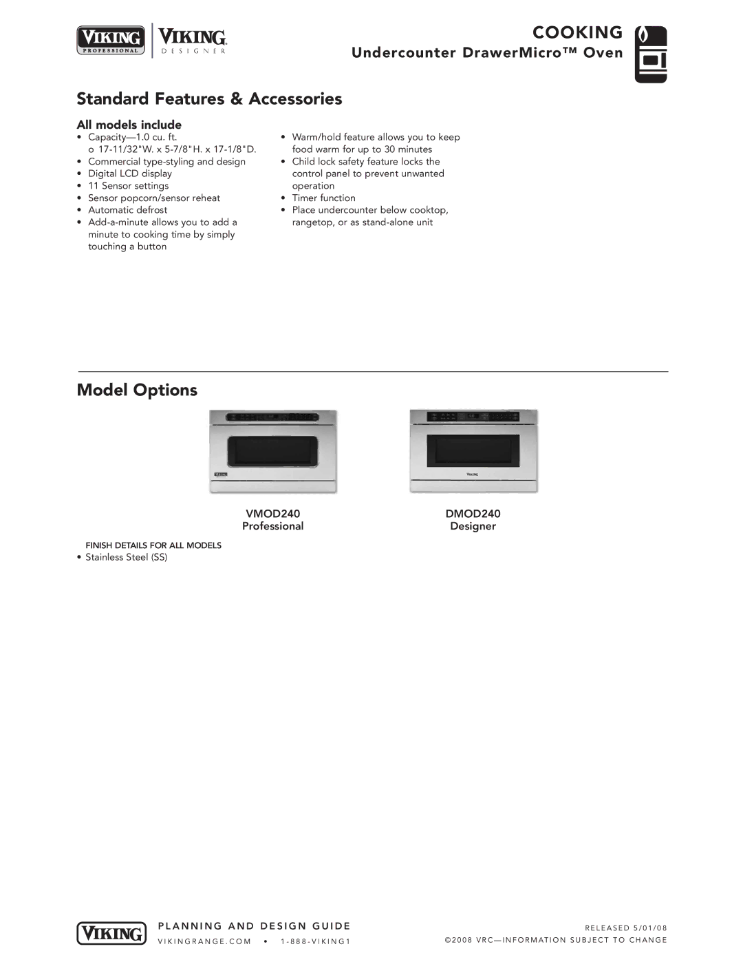 Viking manual Standard Features & Accessories, Model Options, VMOD240 DMOD240, Designer 