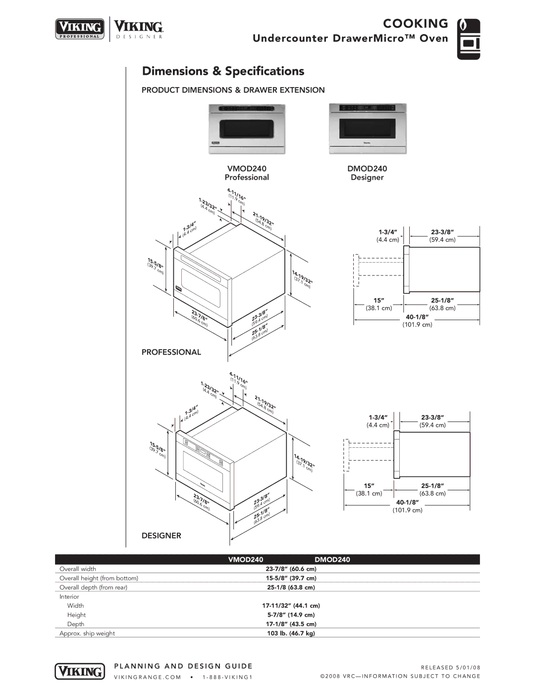 Viking DMOD240 manual Dimensions & Specifications, Product Dimensions & Drawer Extension VMOD240, Professional, Designer 