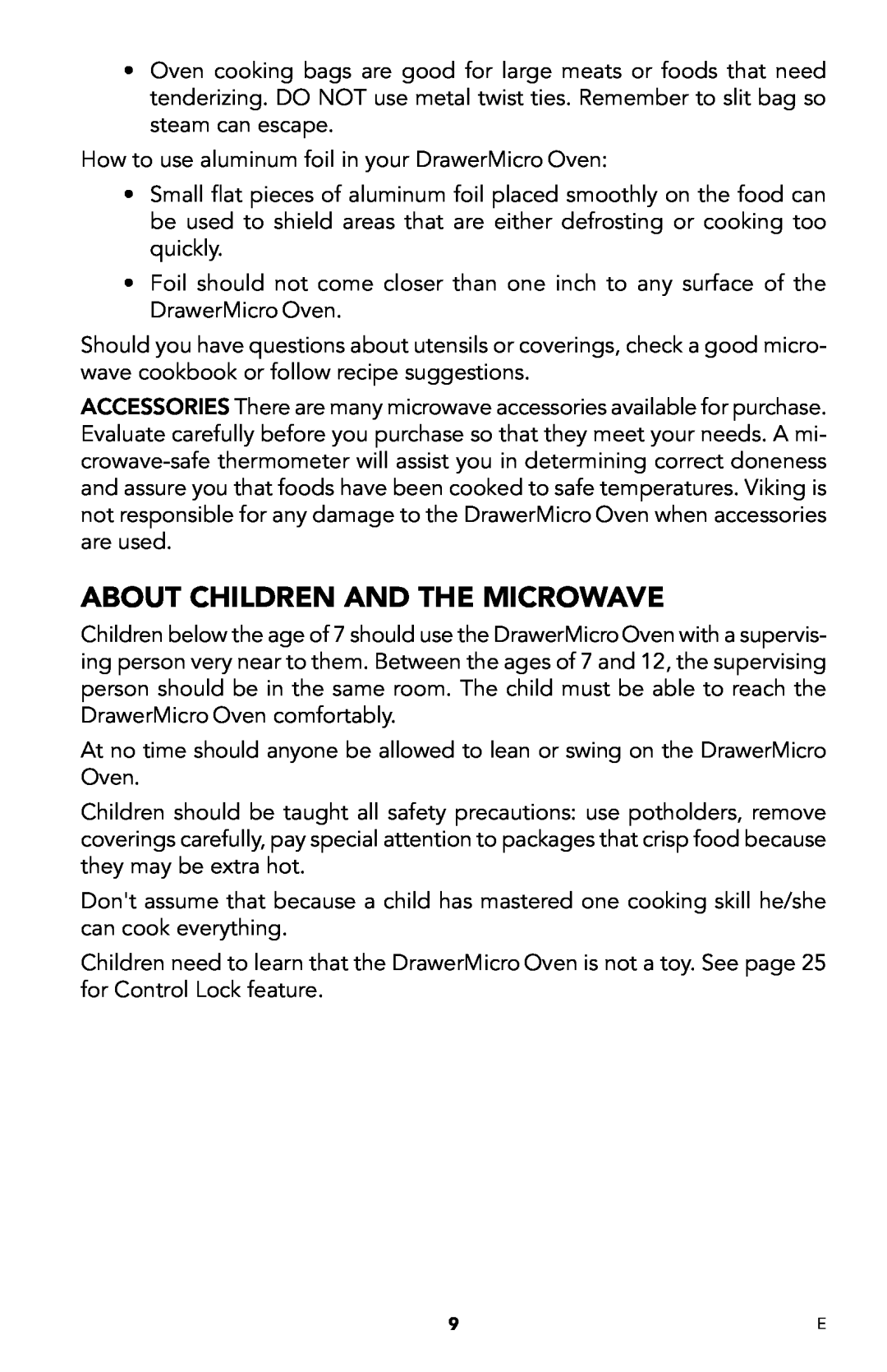 Viking DMOD241SS manual About Children And The Microwave 