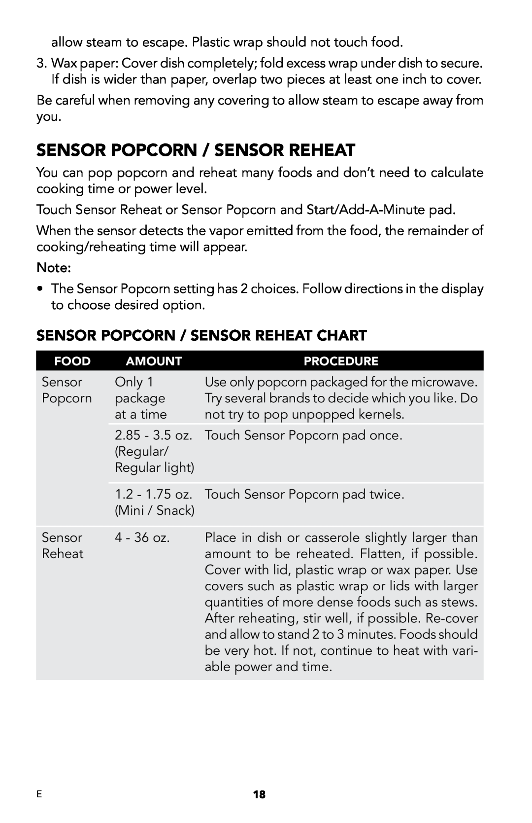 Viking DMOD241SS manual Sensor popcorn / sensor reheat chart 