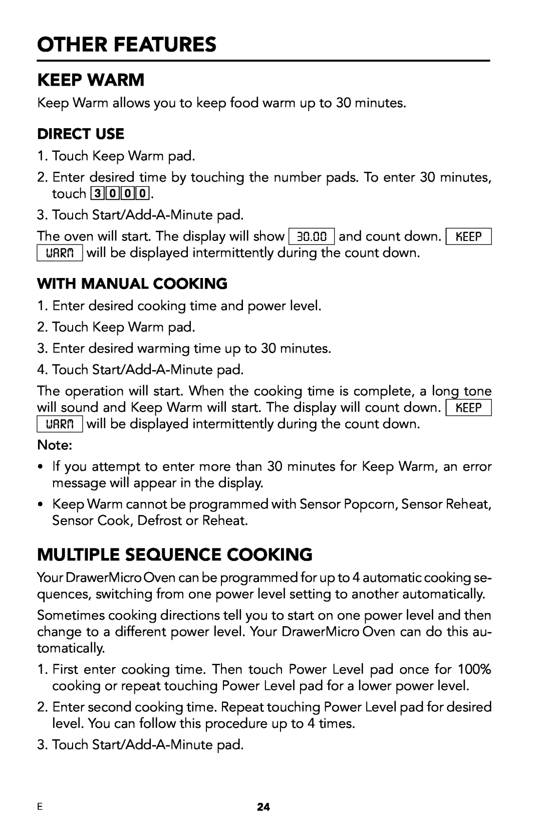 Viking DMOD241SS manual Other Features, KEEP warm, Multiple sequence cooking, Direct use, With Manual Cooking 