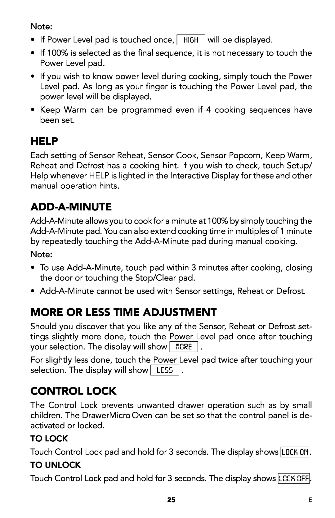 Viking DMOD241SS manual Help, Add-A-Minute, More or less time adjustment, Control lock 
