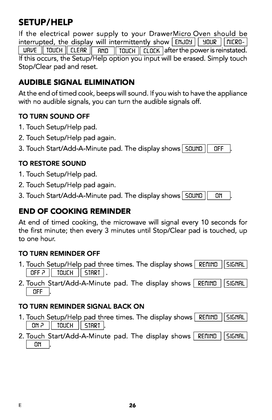 Viking DMOD241SS manual Setup/help, Audible Signal Elimination, End Of Cooking Reminder 