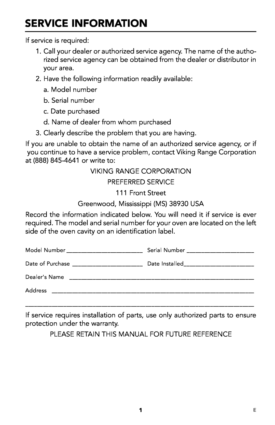 Viking DMOD241SS manual Service Information 
