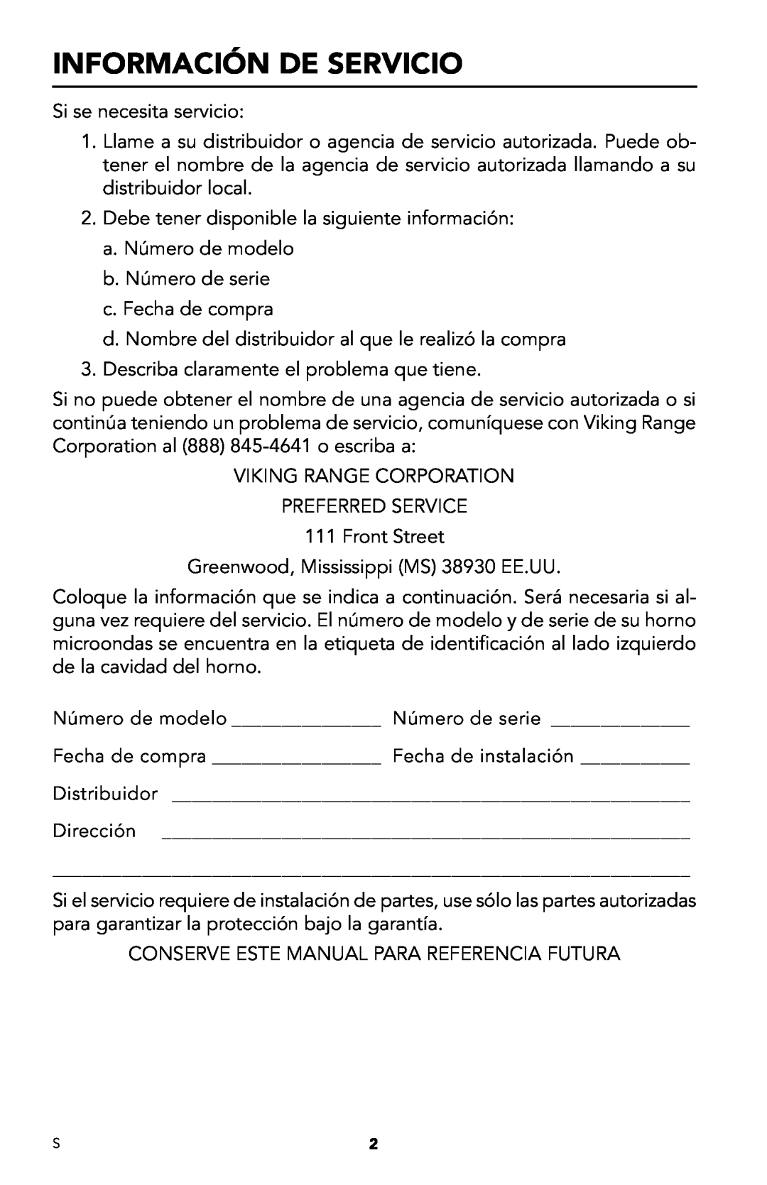 Viking DMOD241SS manual Información De Servicio 