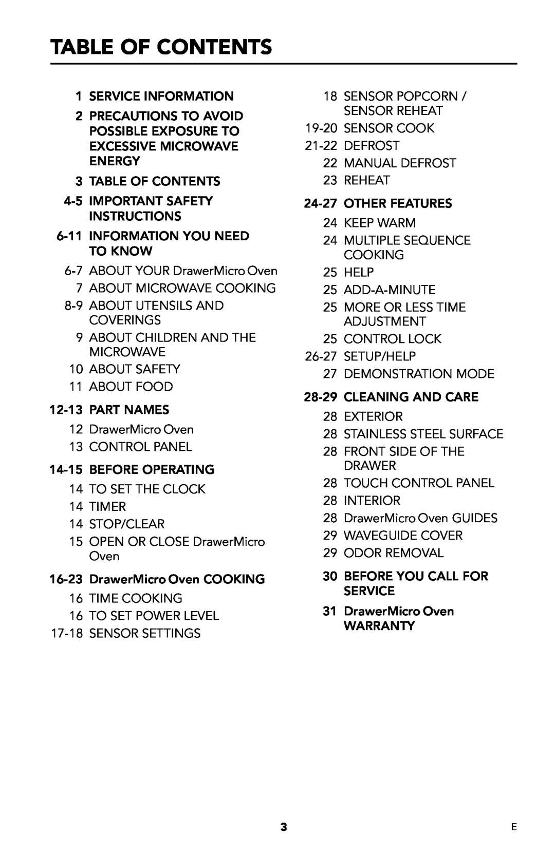 Viking DMOD241SS manual Table of Contents 