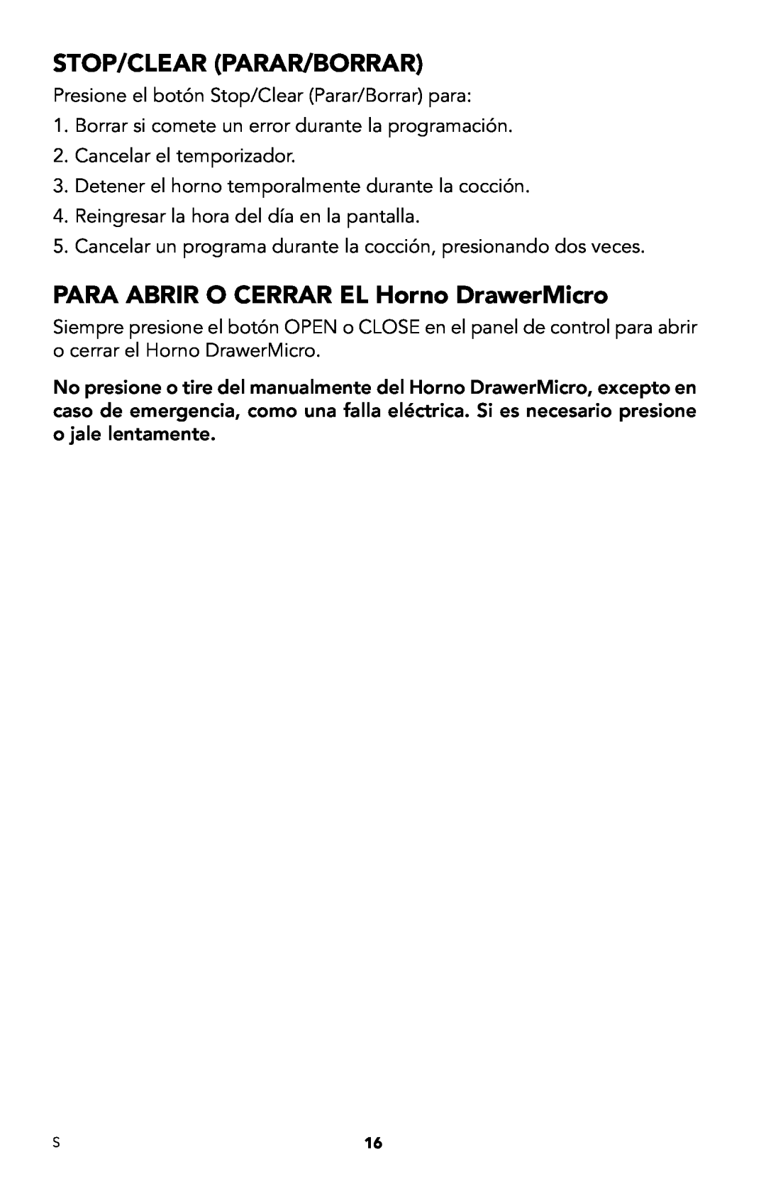 Viking DMOD241SS manual Stop/clear Parar/Borrar, PARA ABRIR O CERRAR EL Horno DrawerMicro 