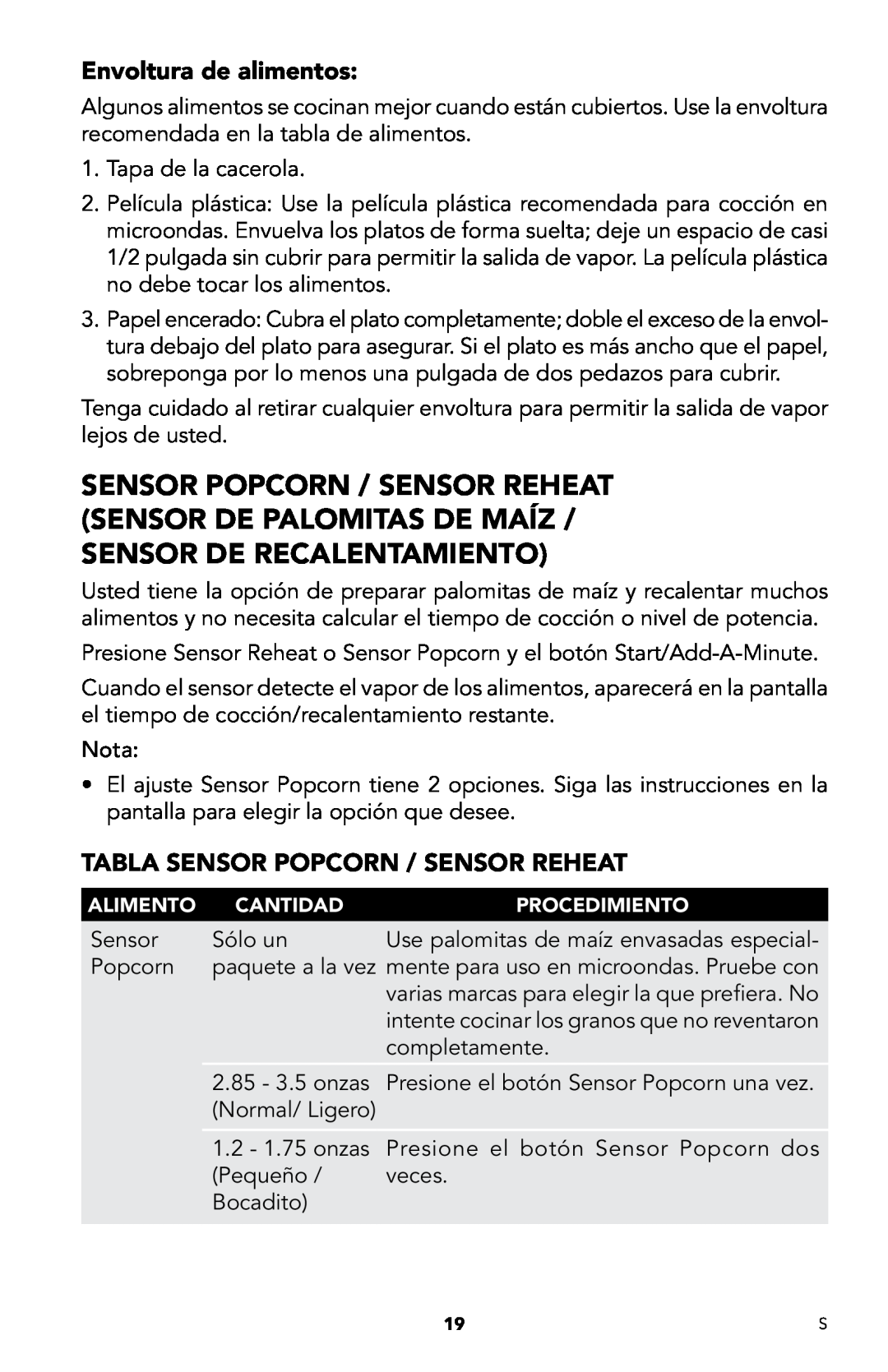 Viking DMOD241SS manual Sensor De Palomitas De Maíz / Sensor De Recalentamiento, Envoltura de alimentos 