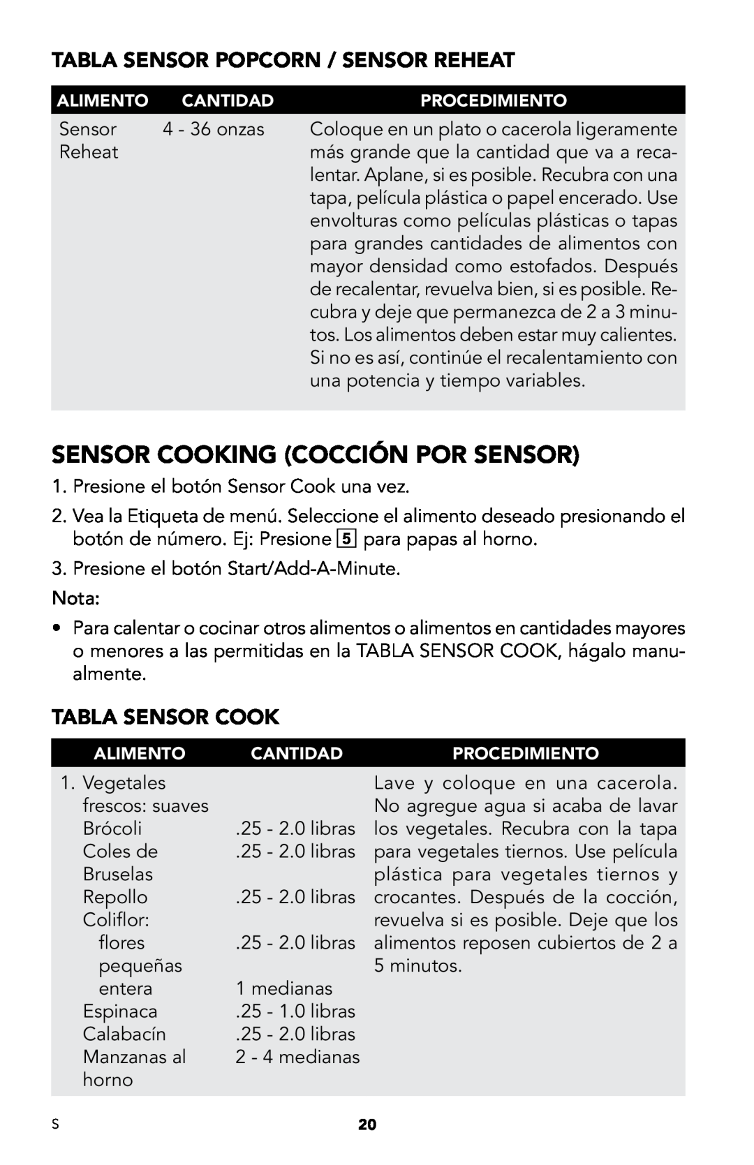 Viking DMOD241SS manual Sensor cooking COCCIÓN POR SENSOR, TABLA Sensor cook, TABLA Sensor popcorn / sensor reheat 