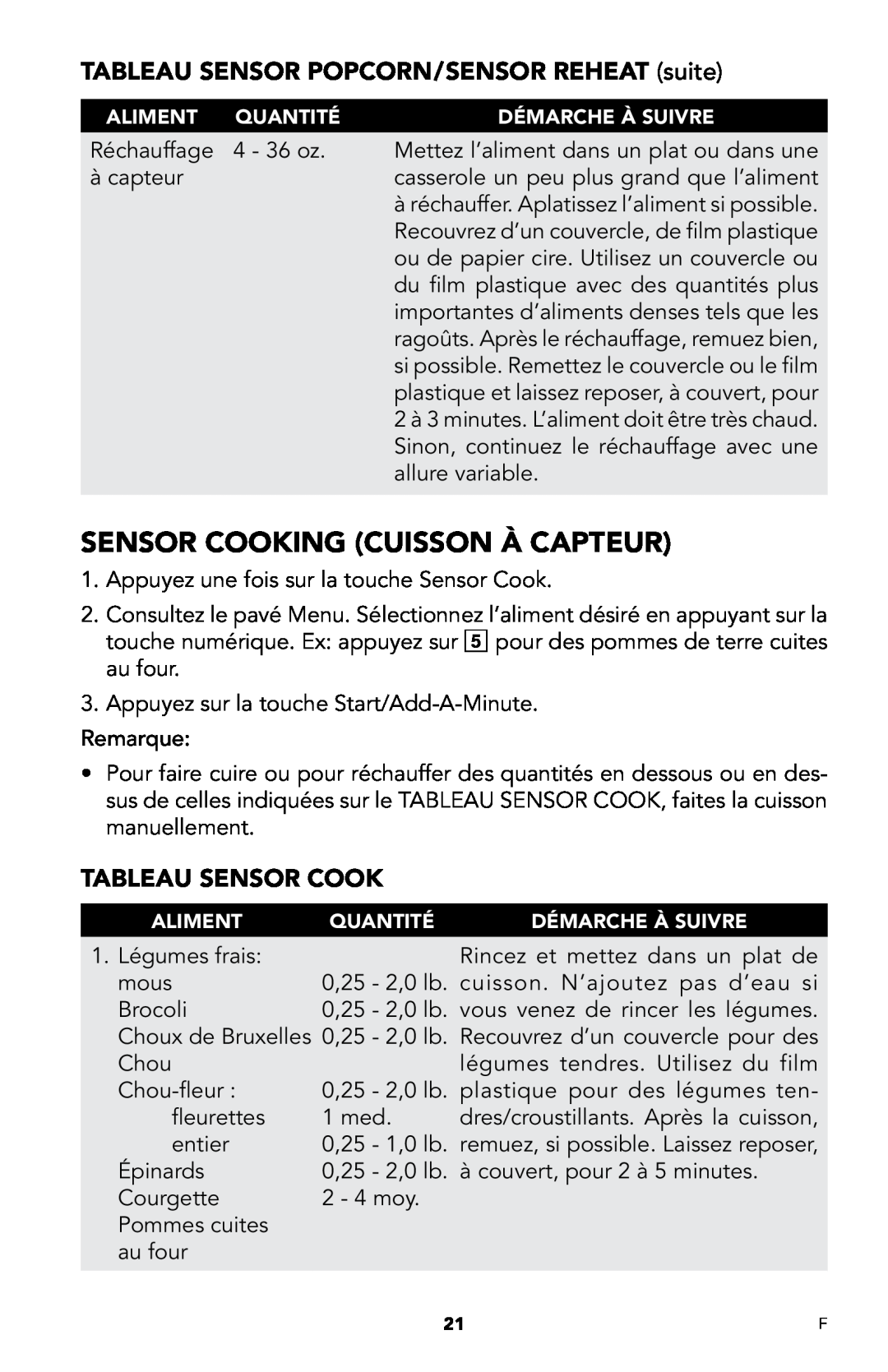 Viking DMOD241SS manual Sensor Cooking Cuisson À Capteur, TABLEAU Sensor popcorn/sensor reheat suite, tableau Sensor cook 