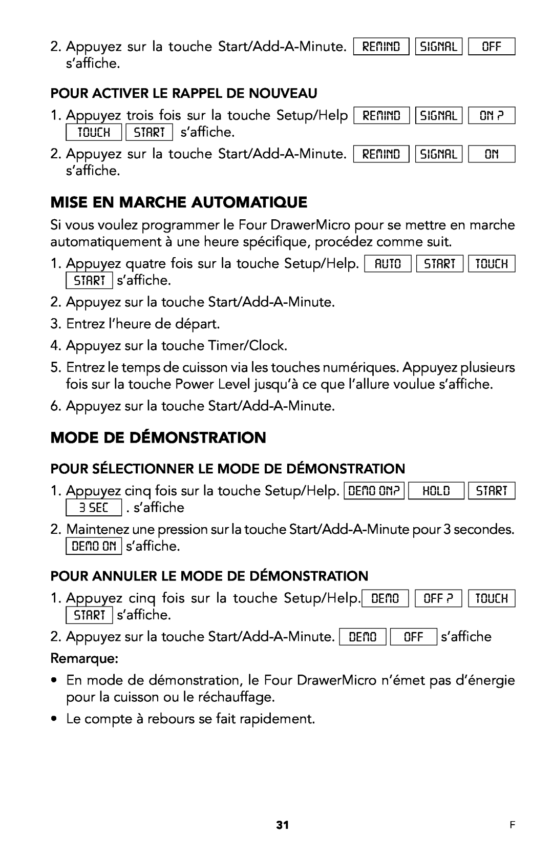 Viking DMOD241SS manual Mise En Marche Automatique, Mode De Démonstration, s’affiche 
