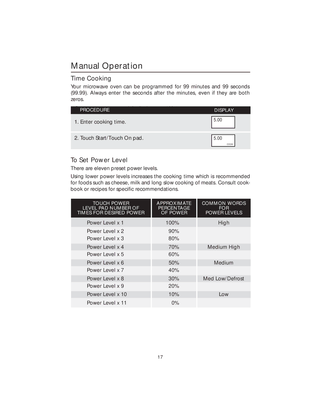 Viking DMOS200SS manual Manual Operation, Time Cooking, To Set Power Level 