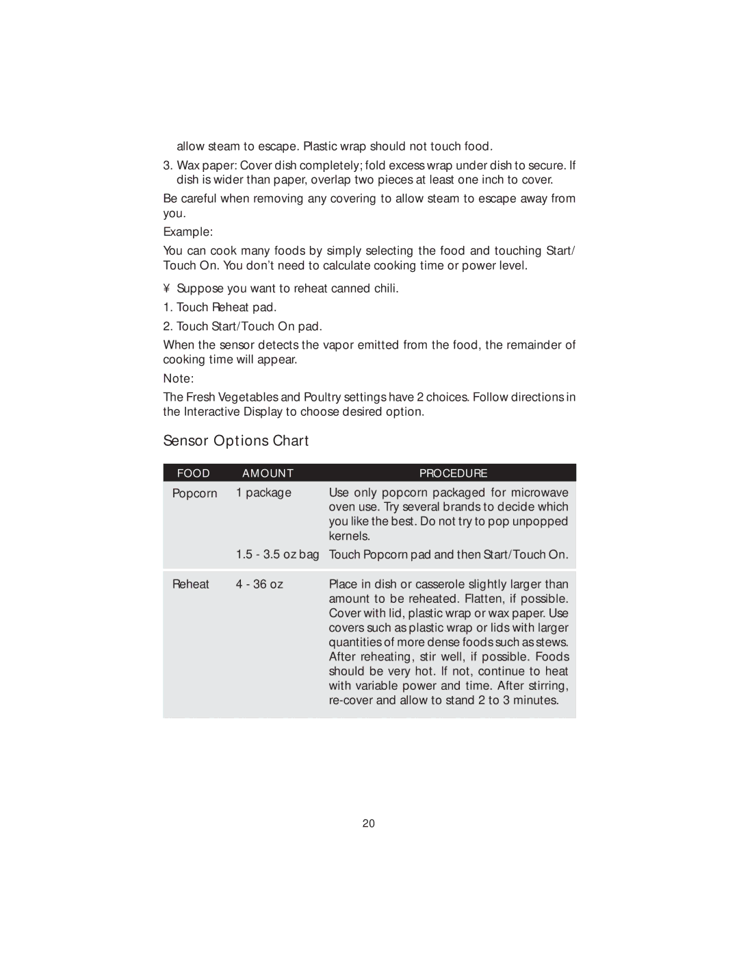 Viking DMOS200SS manual Sensor Options Chart 