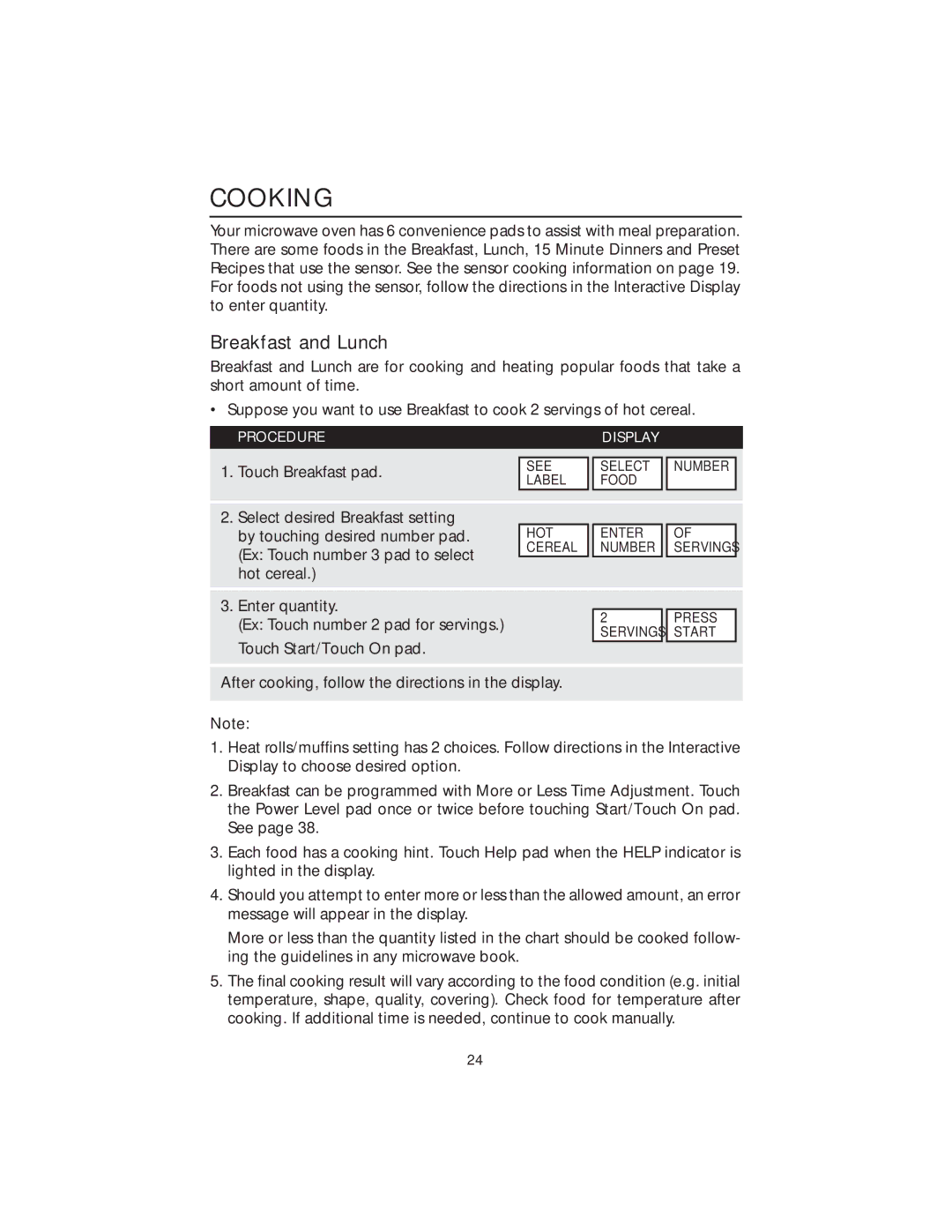 Viking DMOS200SS manual Cooking, Breakfast and Lunch 