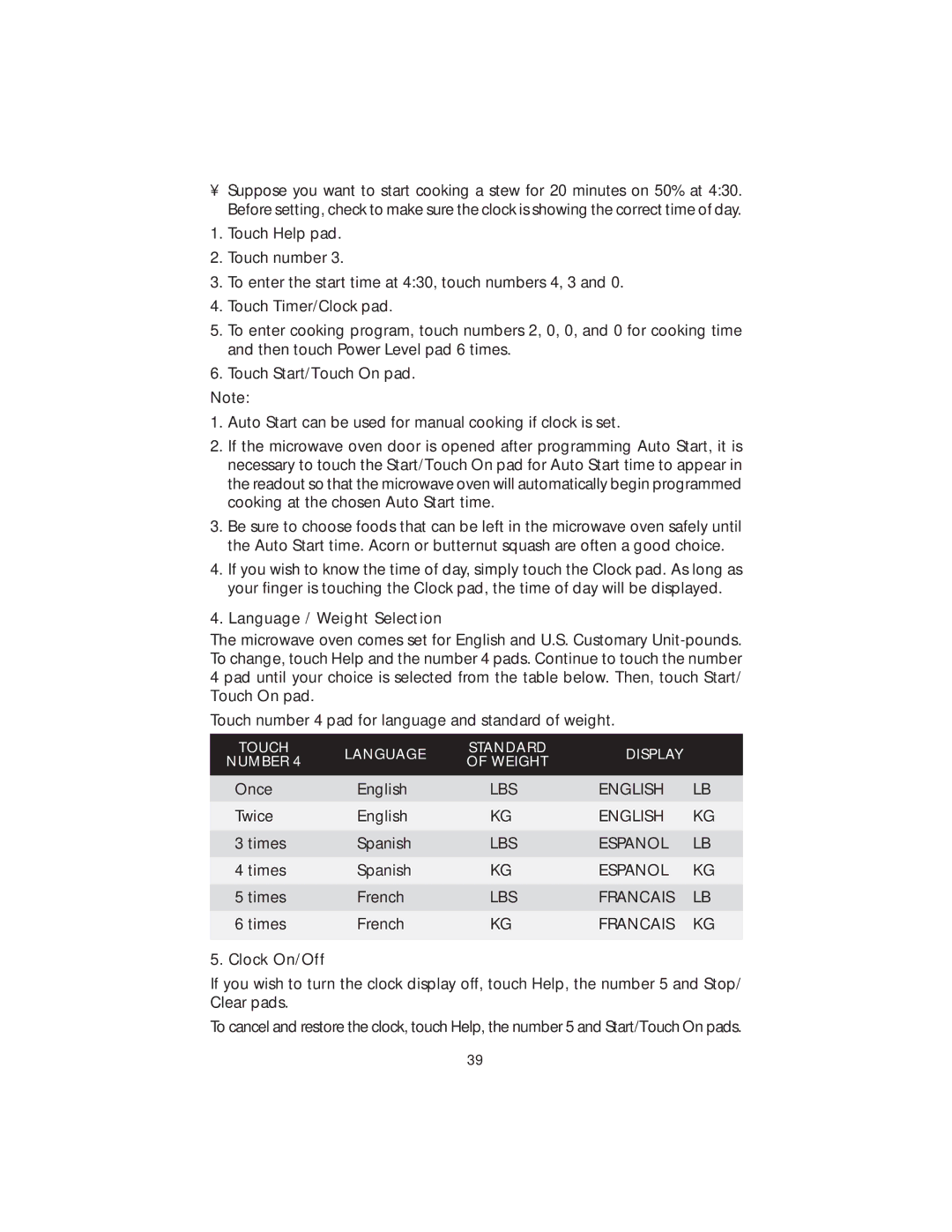 Viking DMOS200SS manual Language / Weight Selection, Clock On/Off 