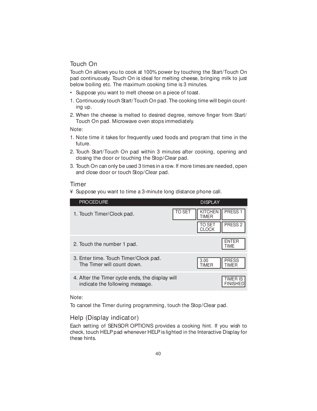 Viking DMOS200SS manual Touch On, Timer, Help Display indicator 