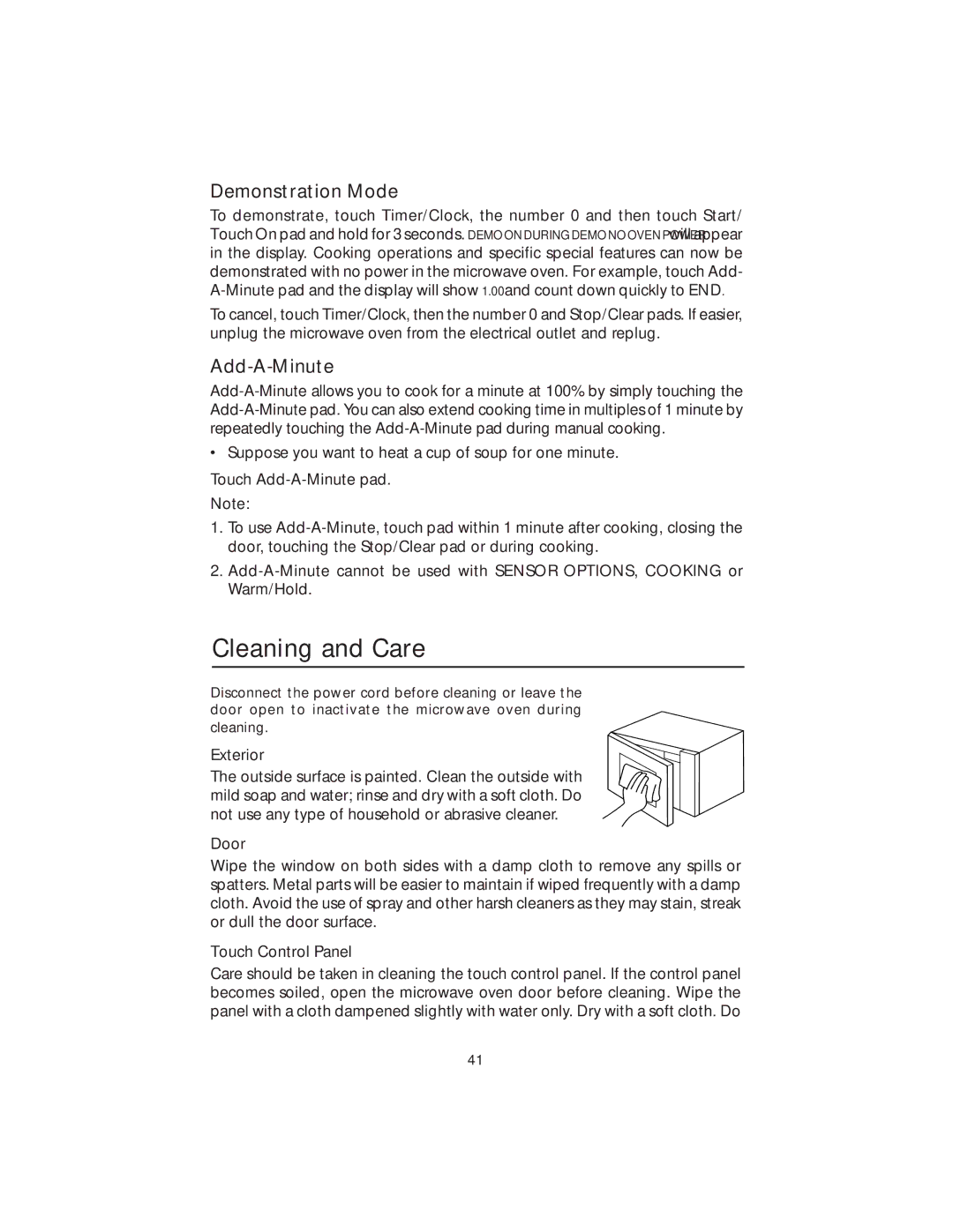 Viking DMOS200SS manual Cleaning and Care, Demonstration Mode, Add-A-Minute 