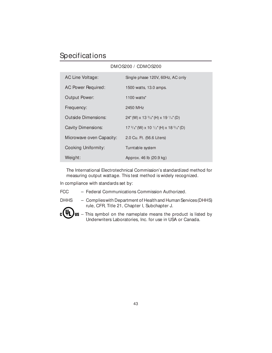 Viking DMOS200SS manual Specifications, DMOS200 / CDMOS200 