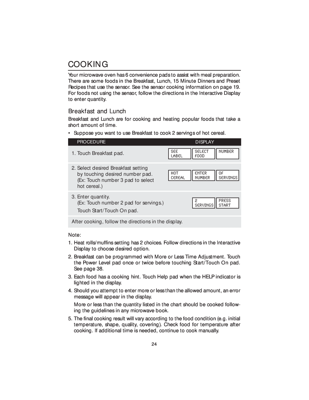 Viking DMOS200SS manual Cooking, Breakfast and Lunch 