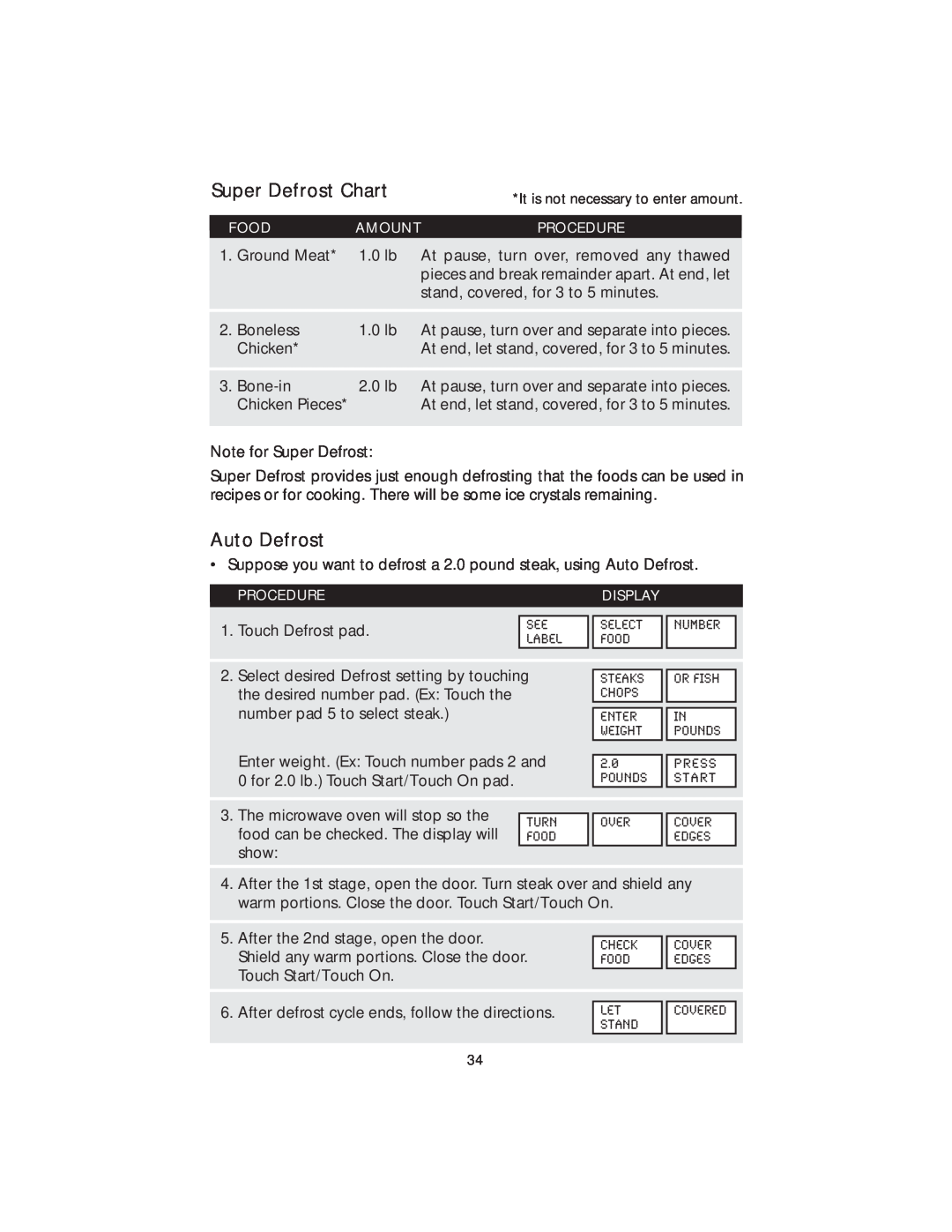 Viking DMOS200SS manual Super Defrost Chart, Auto Defrost, Enter Weight 