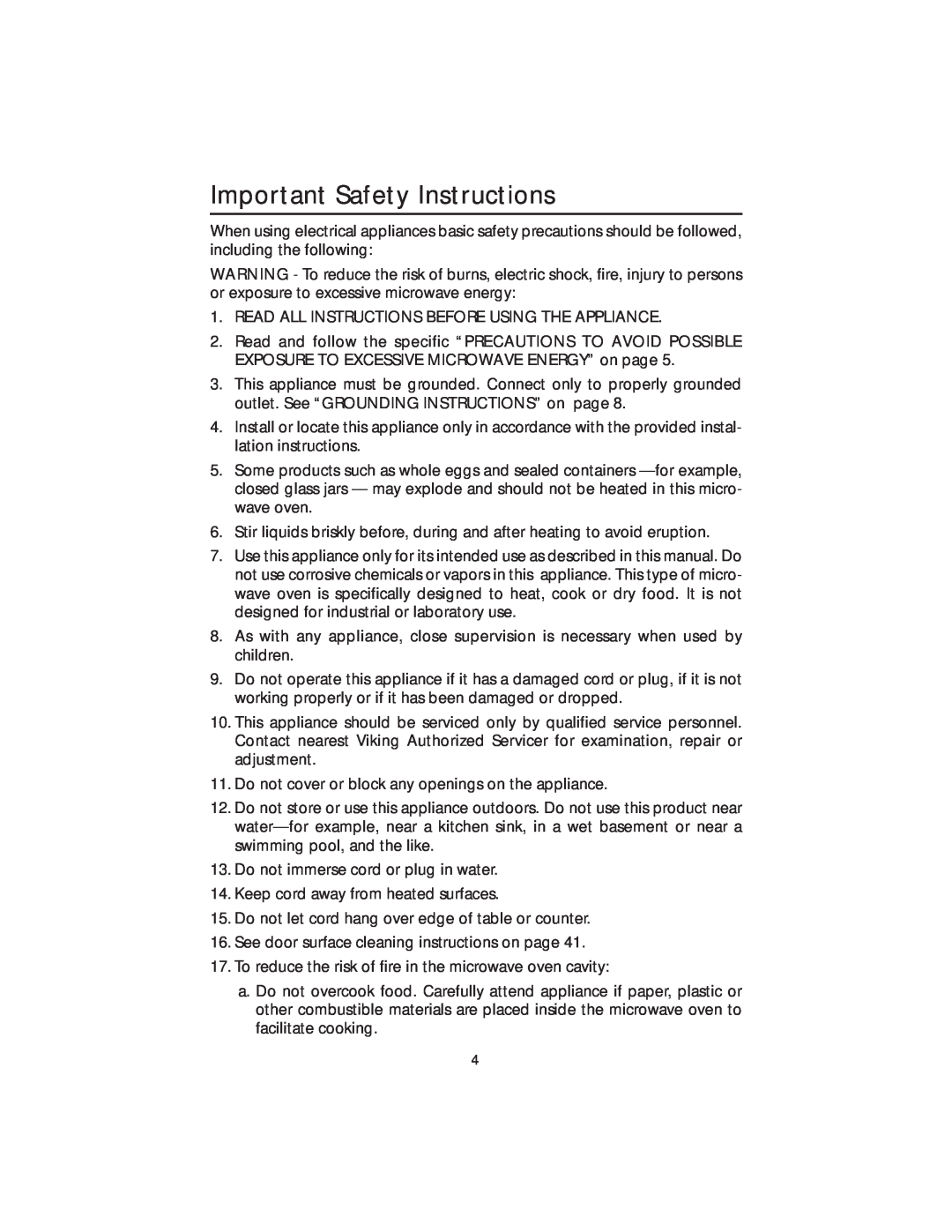 Viking DMOS200SS manual Important Safety Instructions 