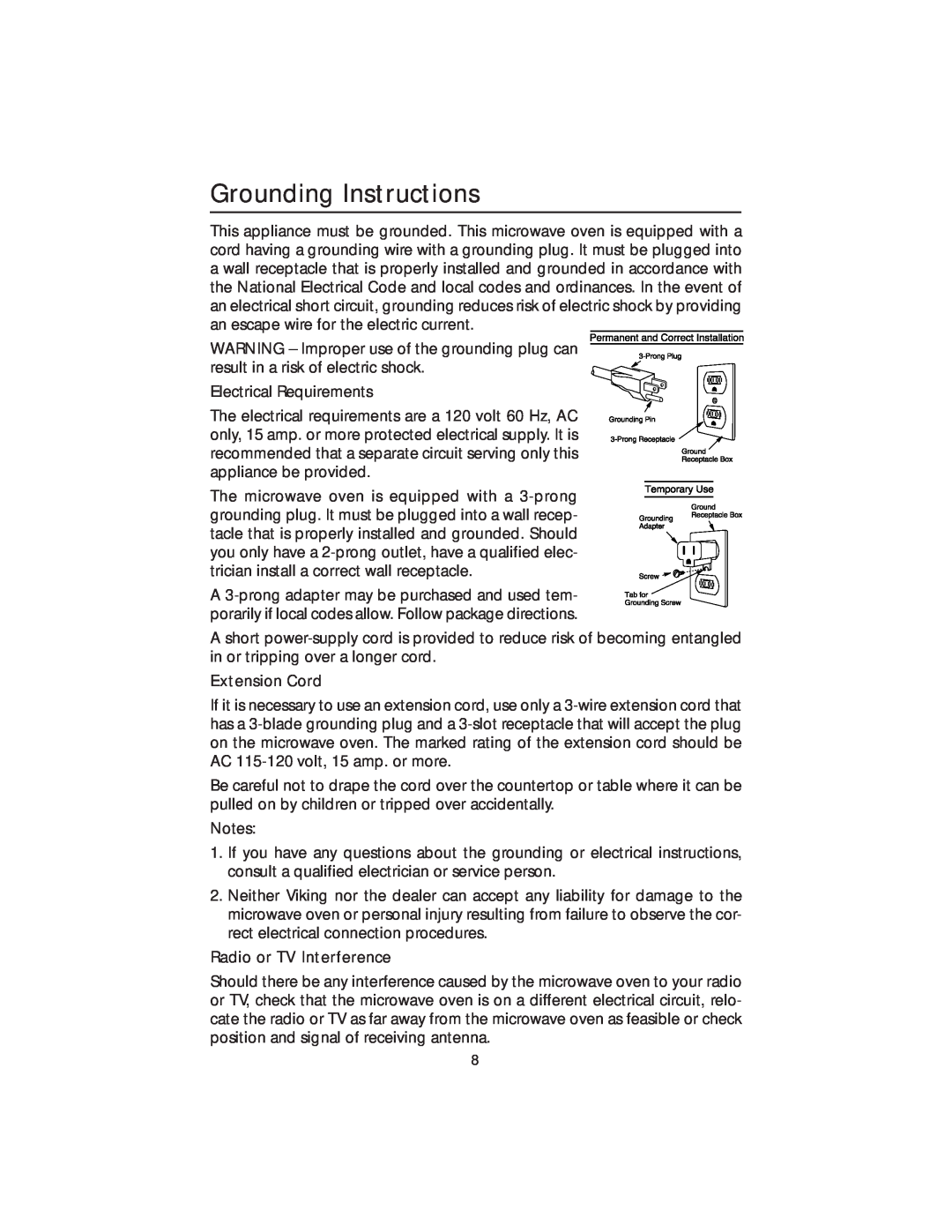 Viking DMOS200SS manual Grounding Instructions, Extension Cord, Radio or TV Interference 