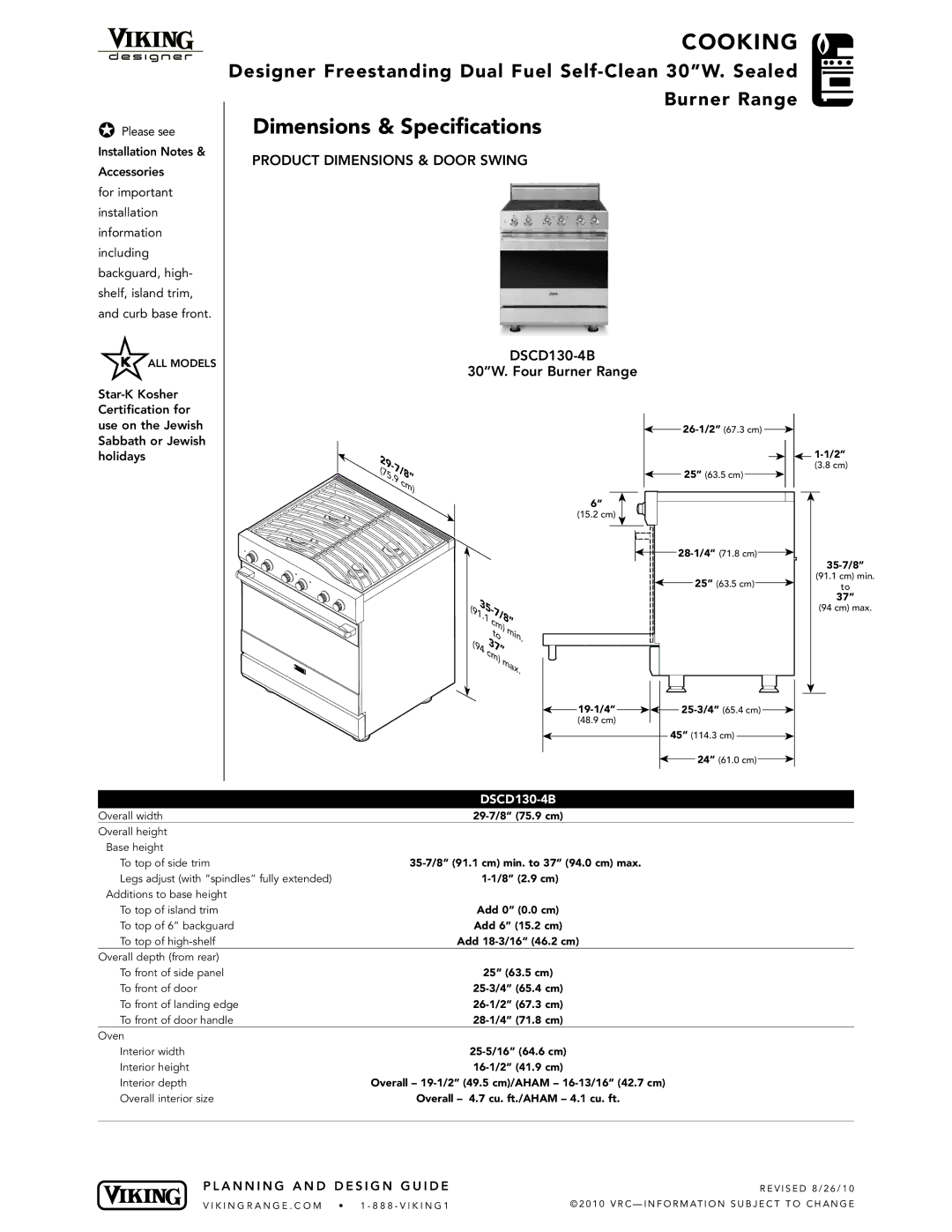 Viking DSCD130-4BSS, DSCD130- 4BSSLP manual Cooking, Dimensions & Specifications 