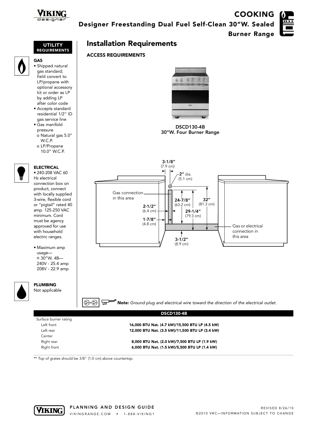 Viking DSCD130- 4BSSLP, DSCD130-4BSS manual Installation Requirements, Utilit Y 