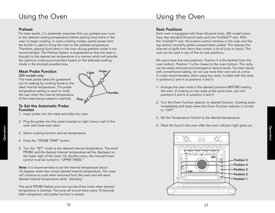 Viking DSOE301 manual Using the Oven, Preheat, Meat Probe Function, To Set the Automatic Probe Function, Rack Positions 