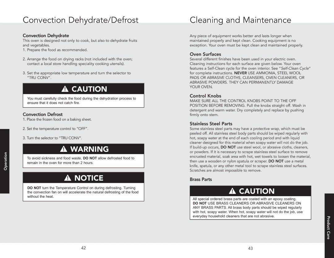 Viking DSOE301SS, F20669B EN (011910) manual Convection Dehydrate/Defrost, Cleaning and Maintenance 