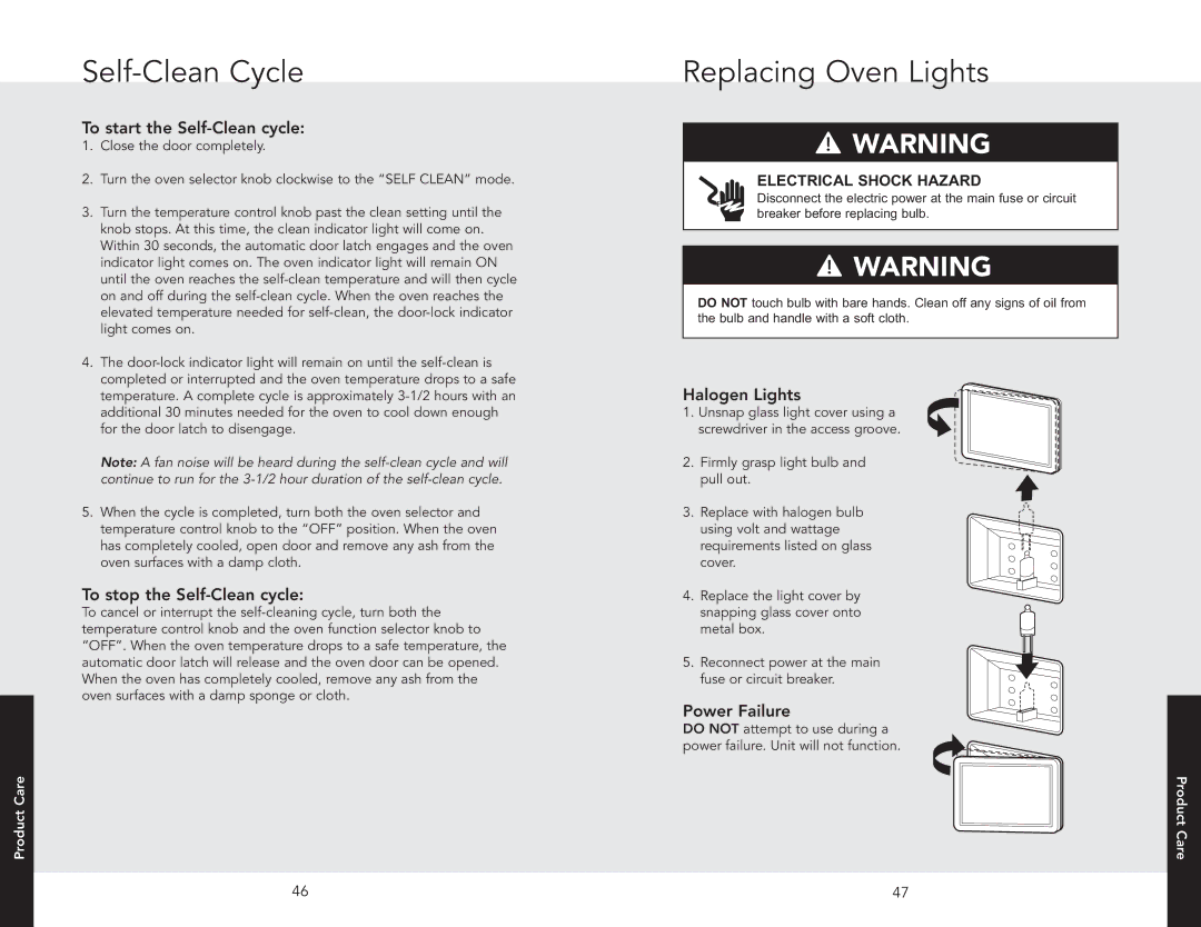 Viking DSOE301 manual Replacing Oven Lights, To start the Self-Clean cycle, To stop the Self-Clean cycle, Halogen Lights 