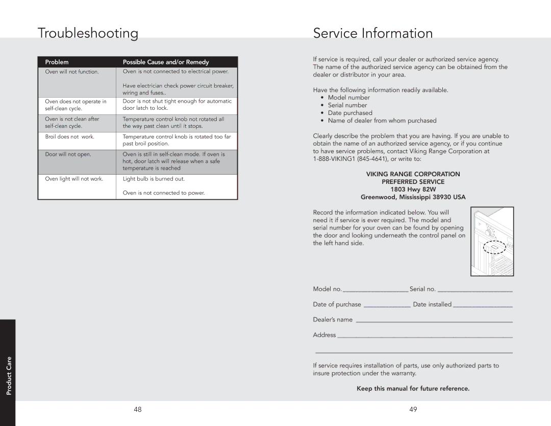 Viking DSOE301SS, F20669B EN (011910) manual Troubleshooting, Service Information 