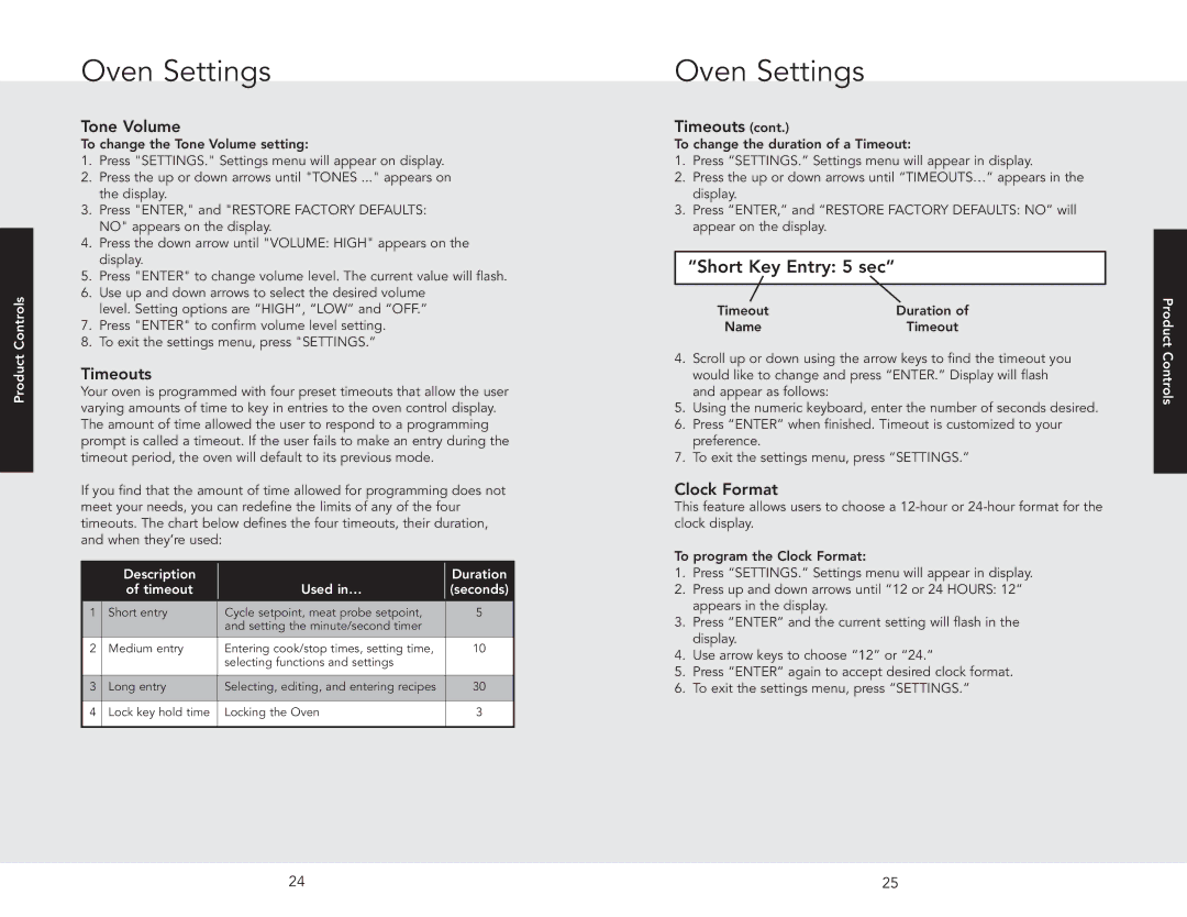 Viking DSOE305TSS, F20686 manual Tone Volume, Timeouts, Clock Format, Description Duration Timeout Used in… 