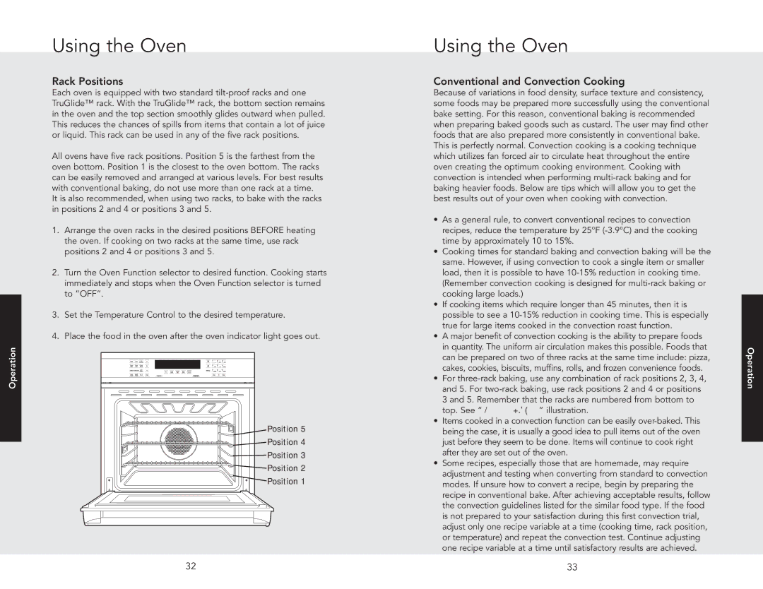 Viking F20686, DSOE305TSS manual Rack Positions, Conventional and Convection Cooking 