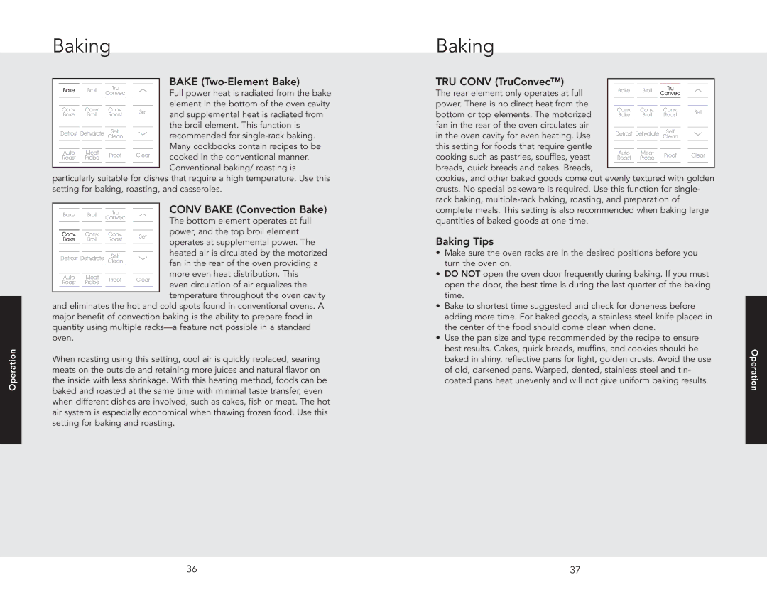 Viking DSOE305TSS, F20686 manual Bake Two-Element Bake, Conv Bake Convection Bake, Baking Tips 