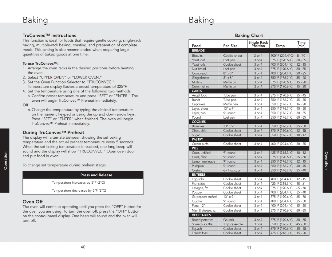 Viking DSOE305TSS, F20686 manual TruConvec Instructions, During TruConvec Preheat, Baking Chart 