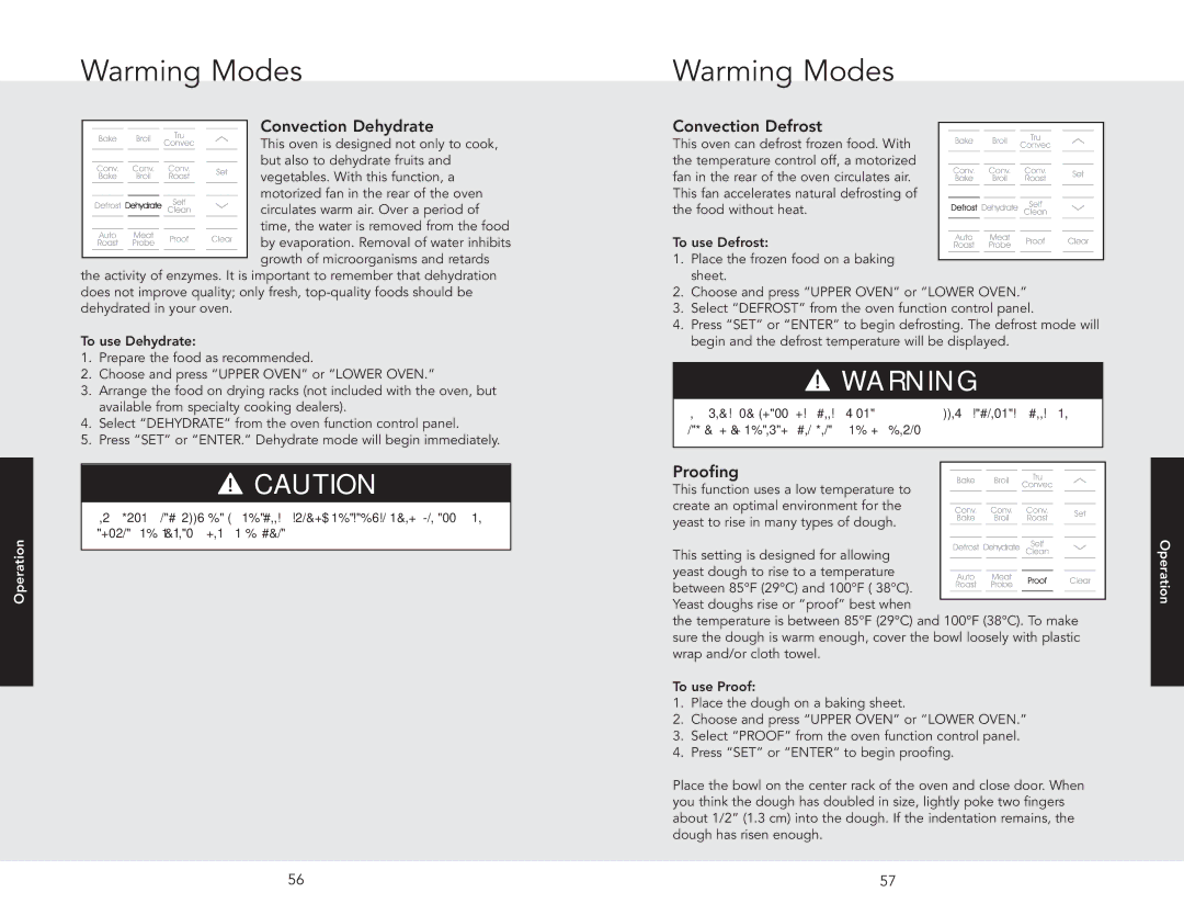 Viking F20686, DSOE305TSS manual Warming Modes, Convection Dehydrate, Convection Defrost, Proofing 