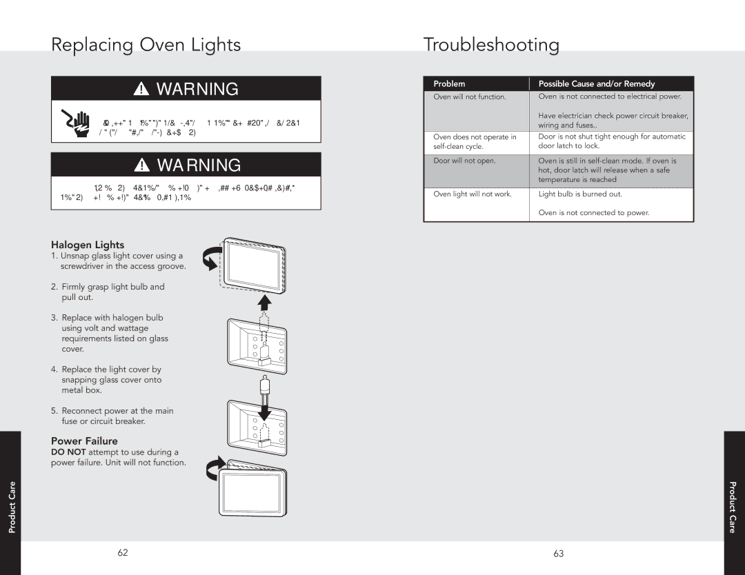 Viking F20686 Replacing Oven Lights, Troubleshooting, Halogen Lights, Power Failure, Problem Possible Cause and/or Remedy 