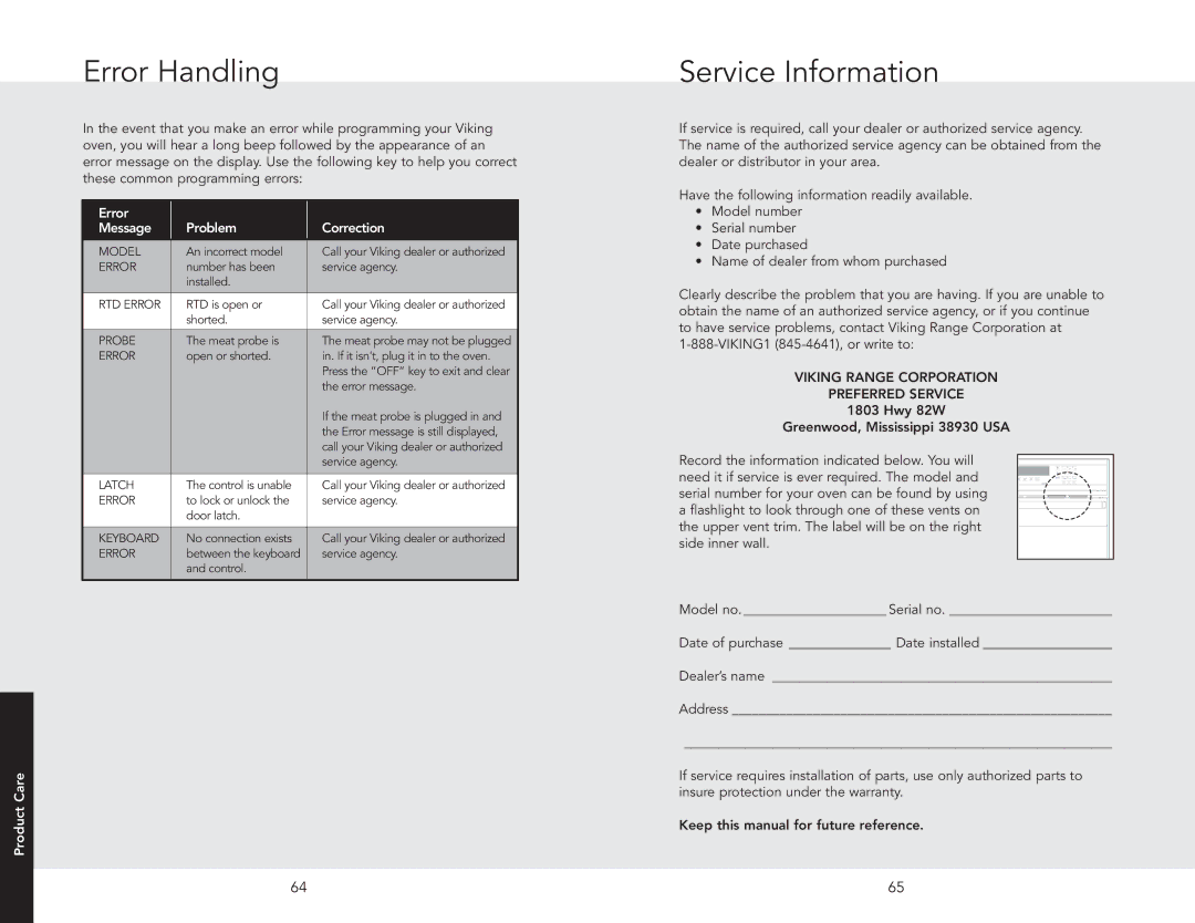 Viking DSOE305TSS, F20686 manual Error Handling, Service Information, Error Message Problem Correction 