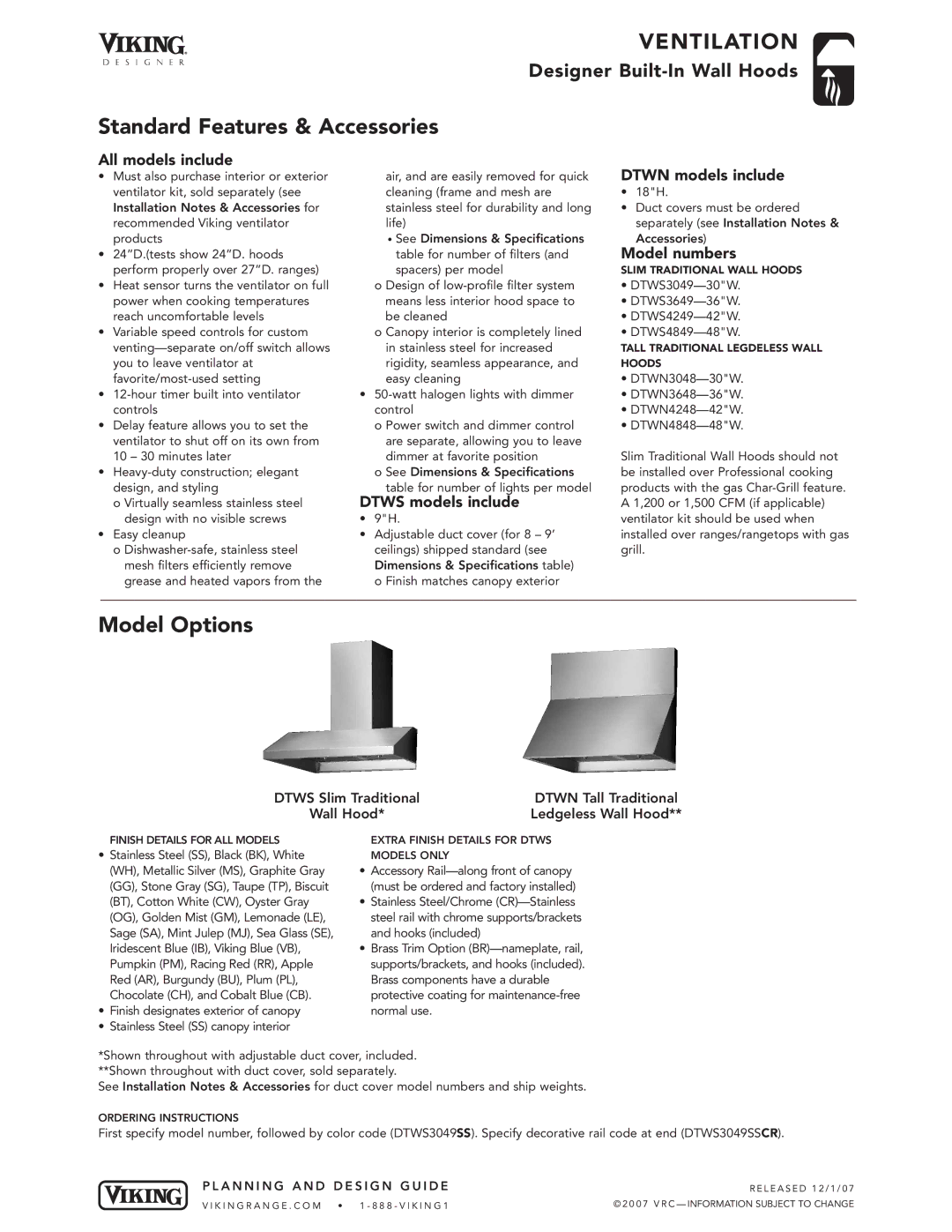 Viking DTWN, DTWS dimensions Standard Features & Accessories, Model Options 