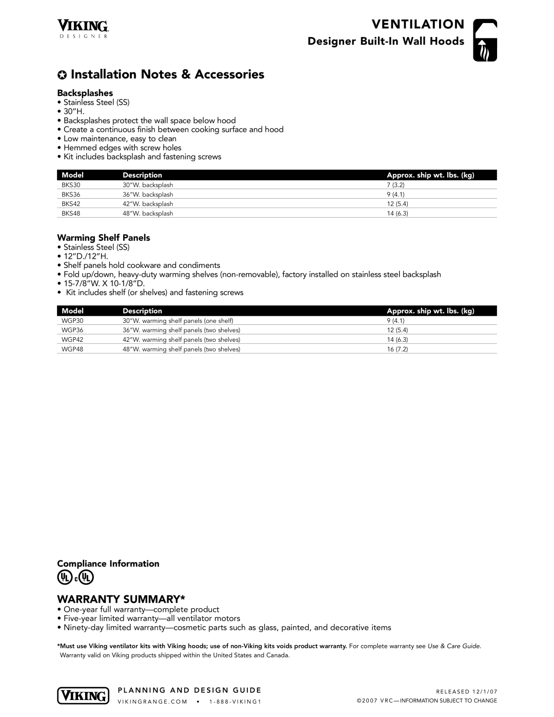 Viking DTWS, DTWN dimensions Backsplashes, Warming Shelf Panels, Compliance Information 