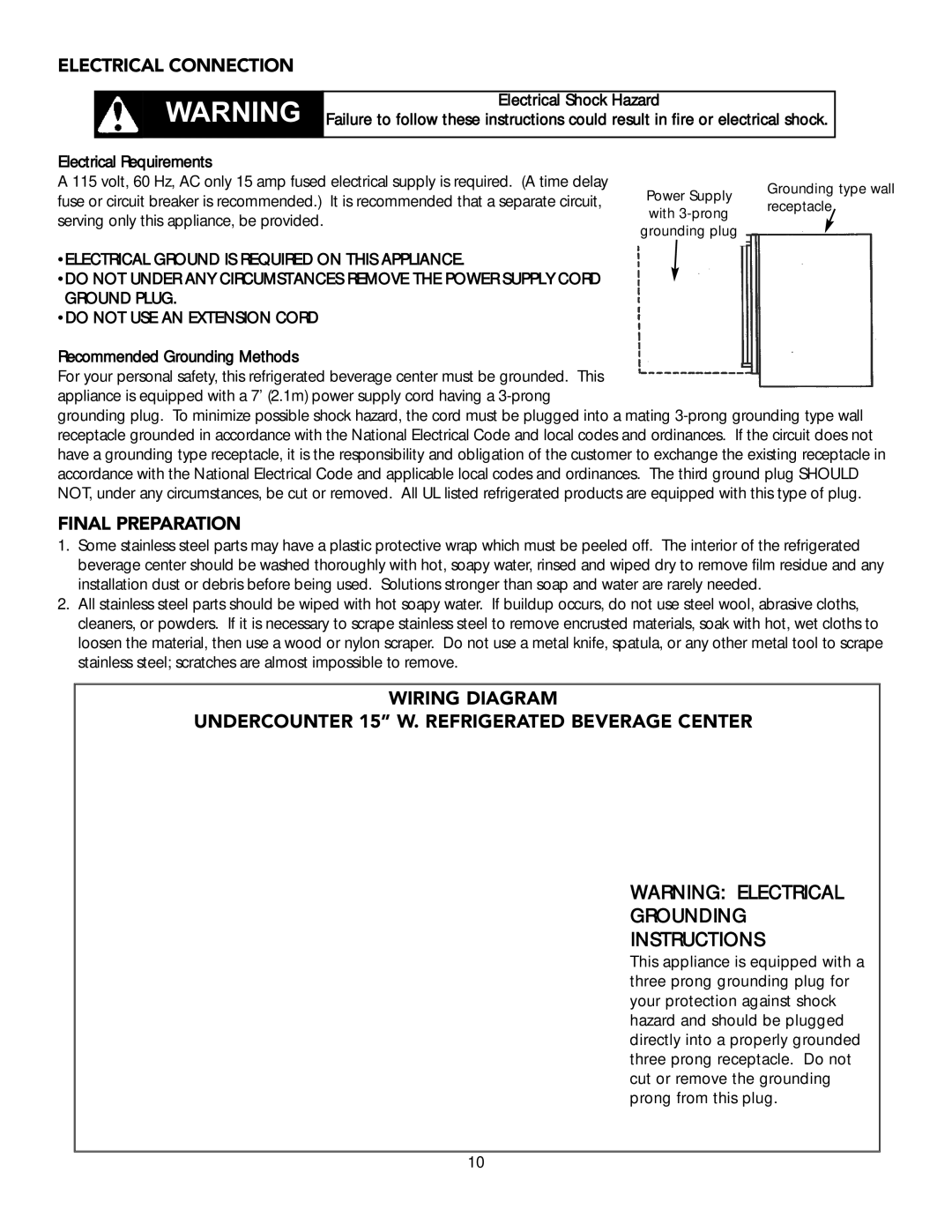 Viking DUAR153, DUAR154, VUAR153, DFUR154, VUAR154 installation instructions Electrical Connection, Final Preparation 