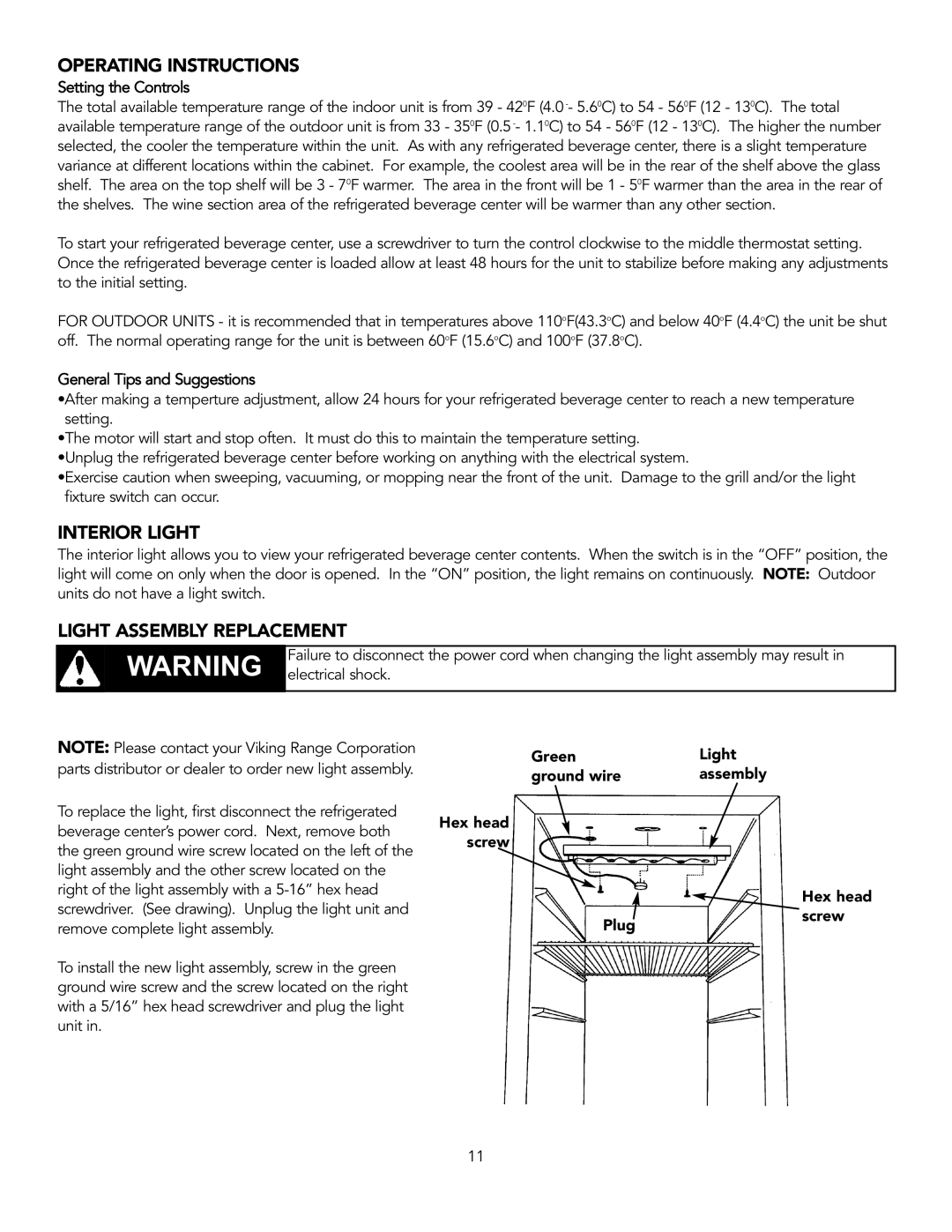 Viking DUAR154, DUAR153, VUAR153, DFUR154, VUAR154 Operating Instructions, Interior Light, Light Assemblywarningreplacement 