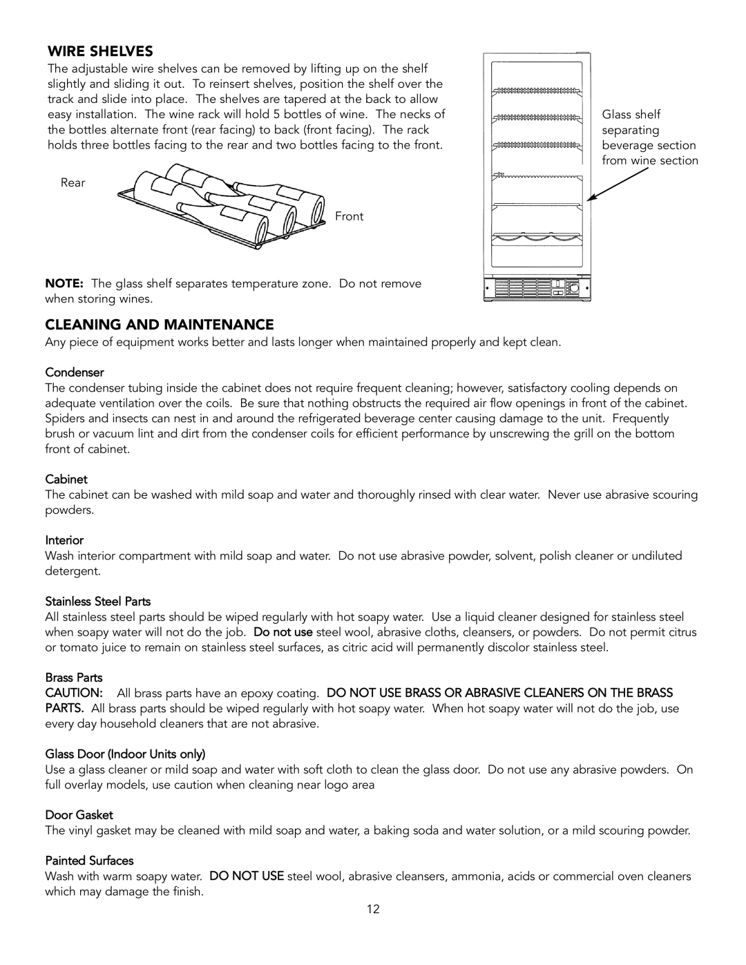 Viking VUAR153, DUAR153, DUAR154, DFUR154, VUAR154 installation instructions Wire Shelves, Cleaning and Maintenance 